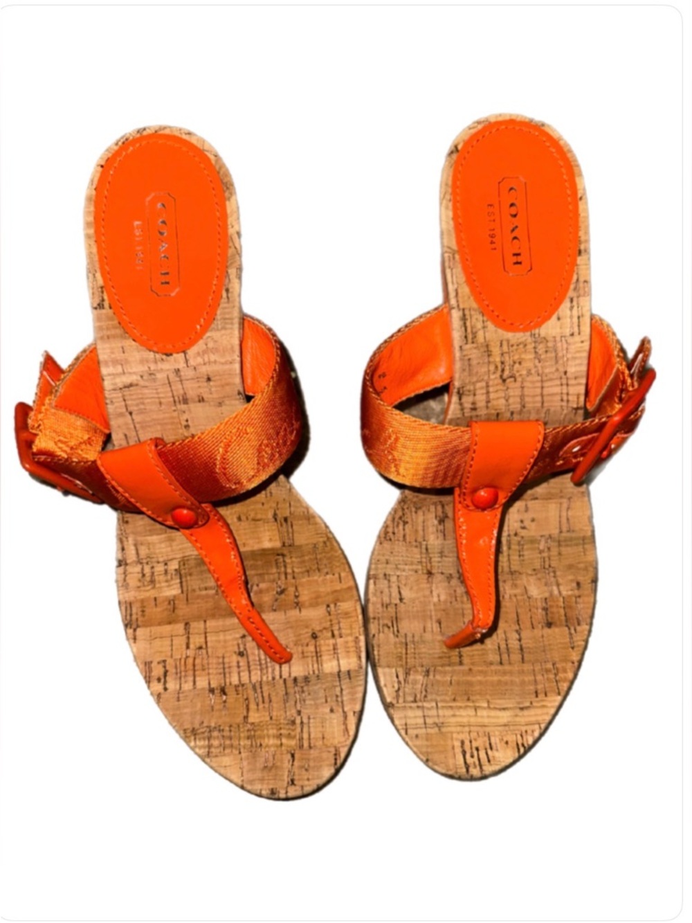 Coach Orange Cork Thong Sandals with Buckle Strap